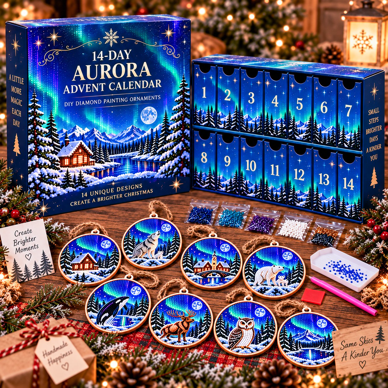 🌌 14-Day Aurora Diamond Painting Advent Calendar – DIY Wooden Christmas Ornament Kit - image 1
