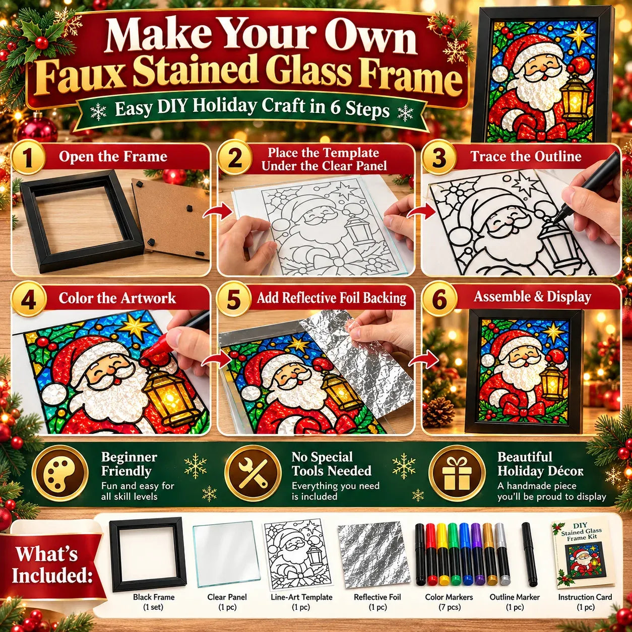 🎄Beginner-Friendly Christmas Stained Glass-Style Frame Kit | 8 Festive Designs with Pens, Foil & Frame ✨ - image 4