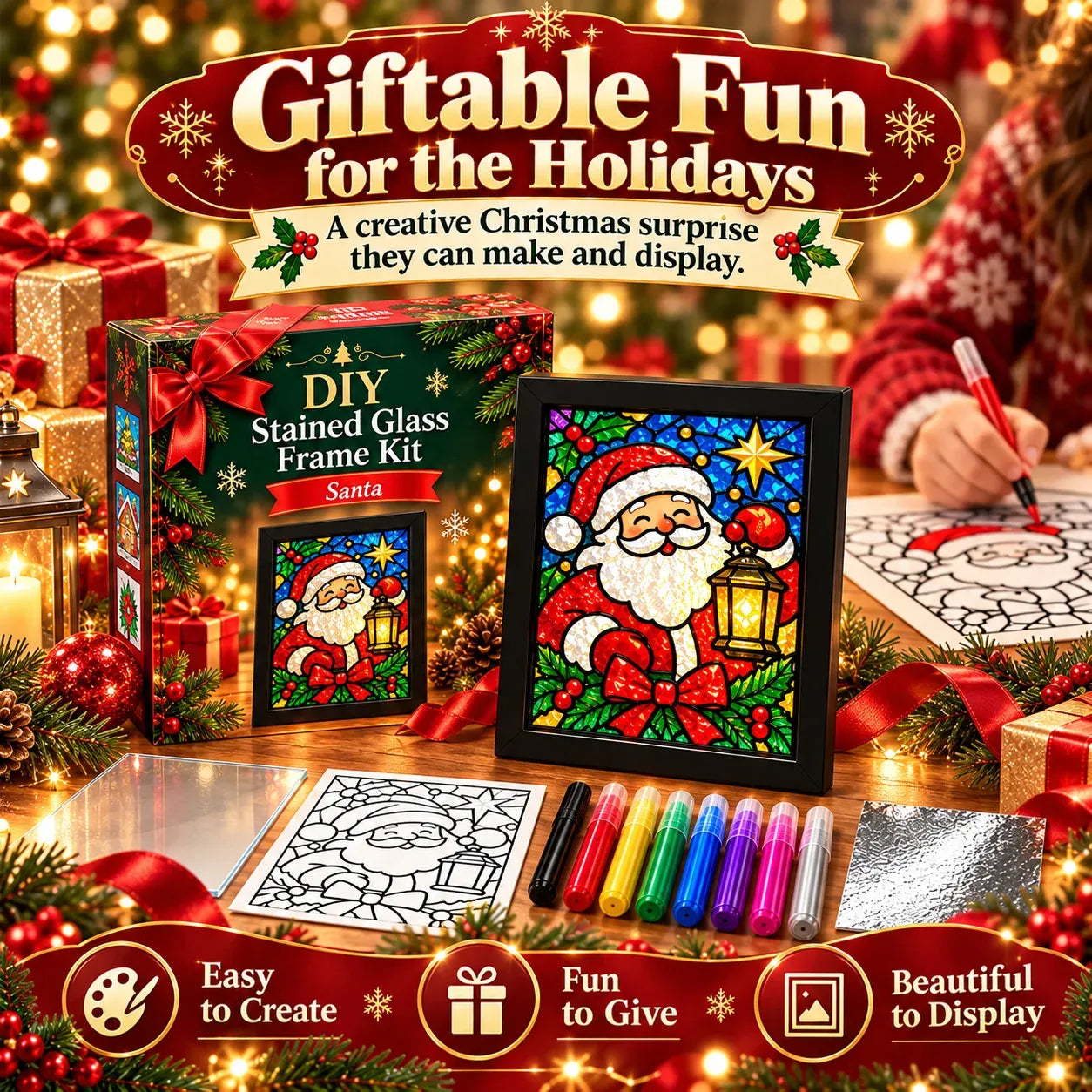 🎄Beginner-Friendly Christmas Stained Glass-Style Frame Kit | 8 Festive Designs with Pens, Foil & Frame ✨ - image 9