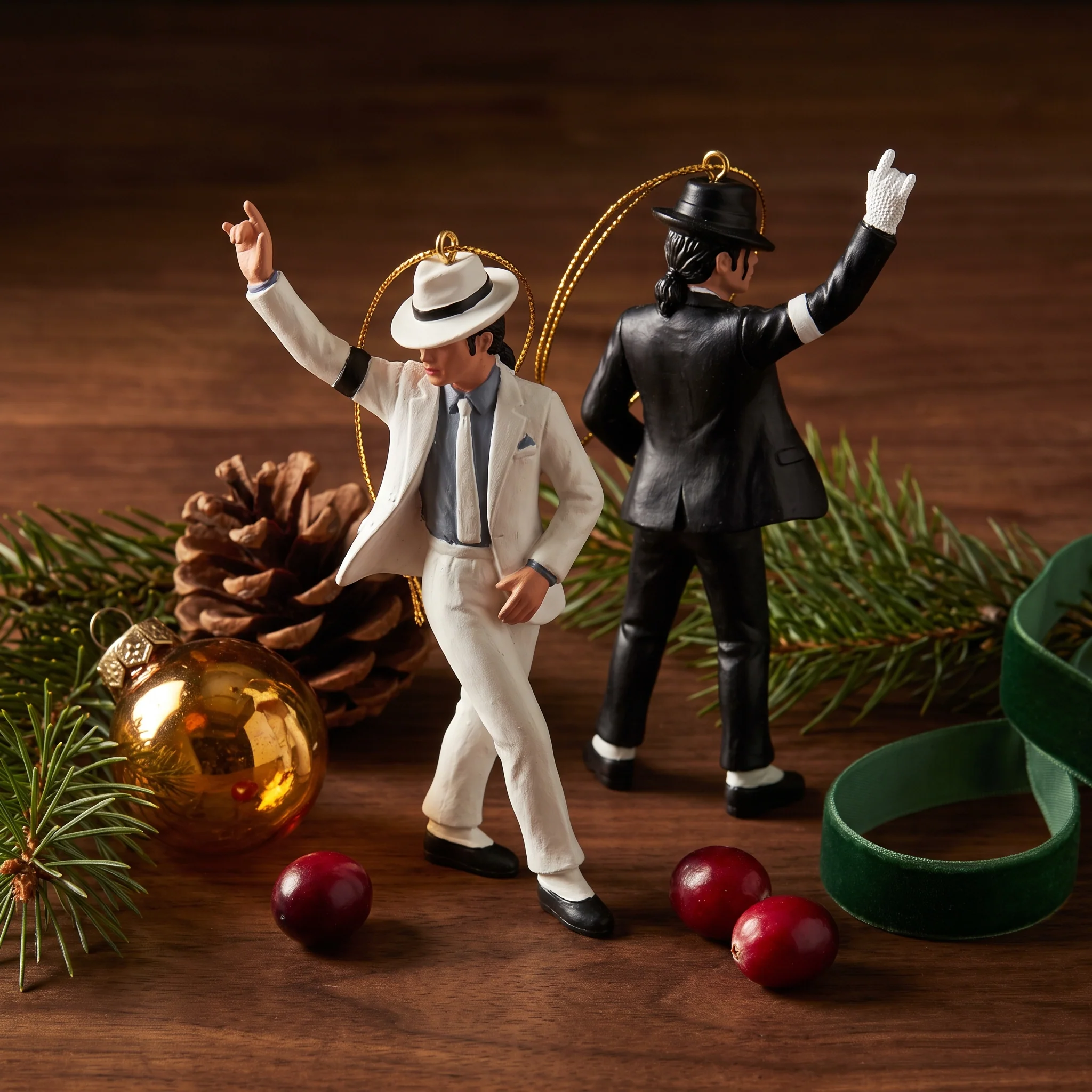 White-suit and black-suit figurine ornament details