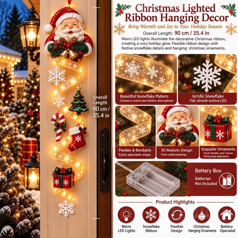 🎄Lighted Christmas Ribbon Hanging Door Decor | Santa, Snowman & Gingerbread Man LED Xmas Hanging Ornament - image 4