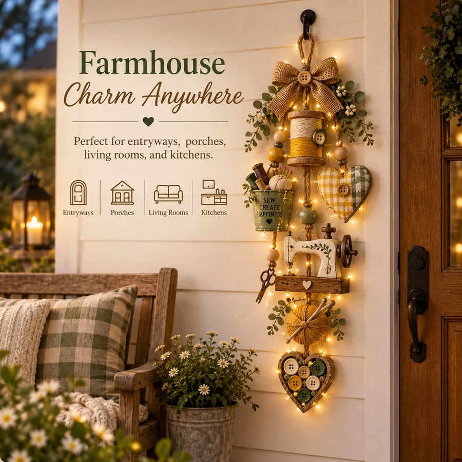 Lighted rustic wooden sewing-themed hanging ornament