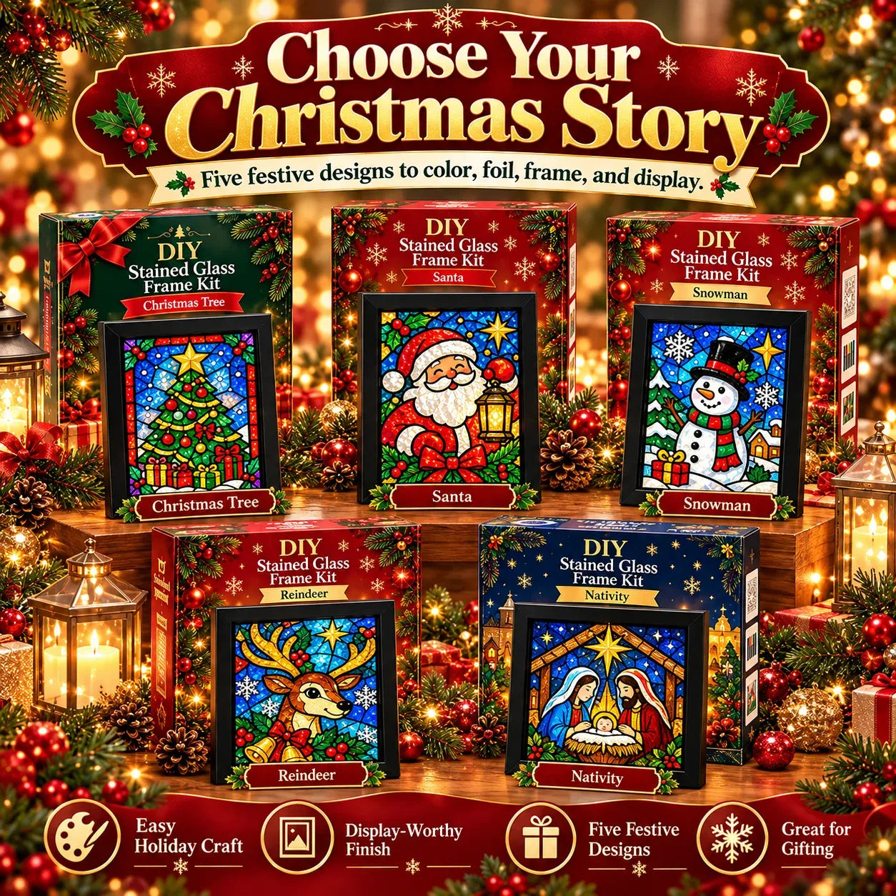 🎄Beginner-Friendly Christmas Stained Glass-Style Frame Kit | 8 Festive Designs with Pens, Foil & Frame ✨ - image 7