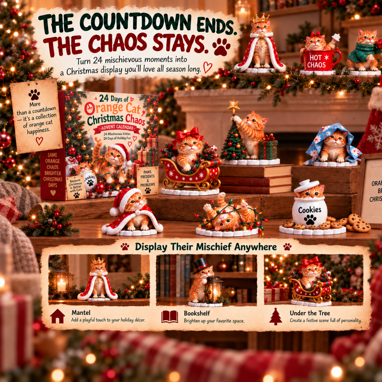 Orange cat Christmas figurines displayed around the home