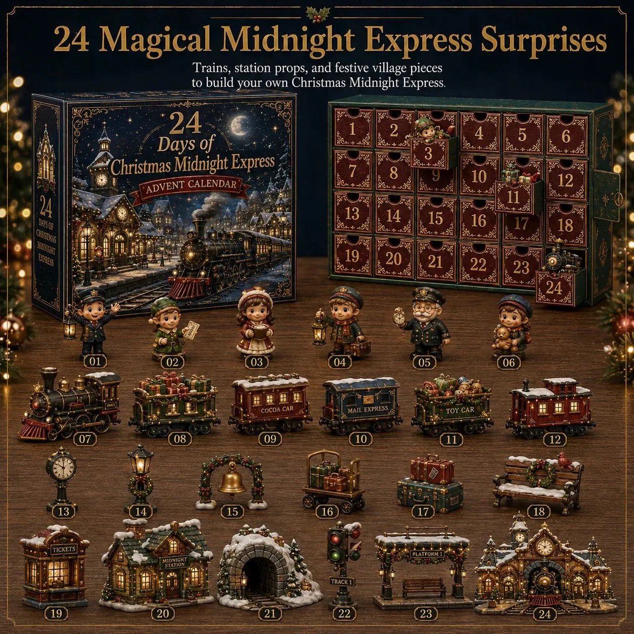 Midnight Express 24-surprise advent calendar and railway-themed assortment
