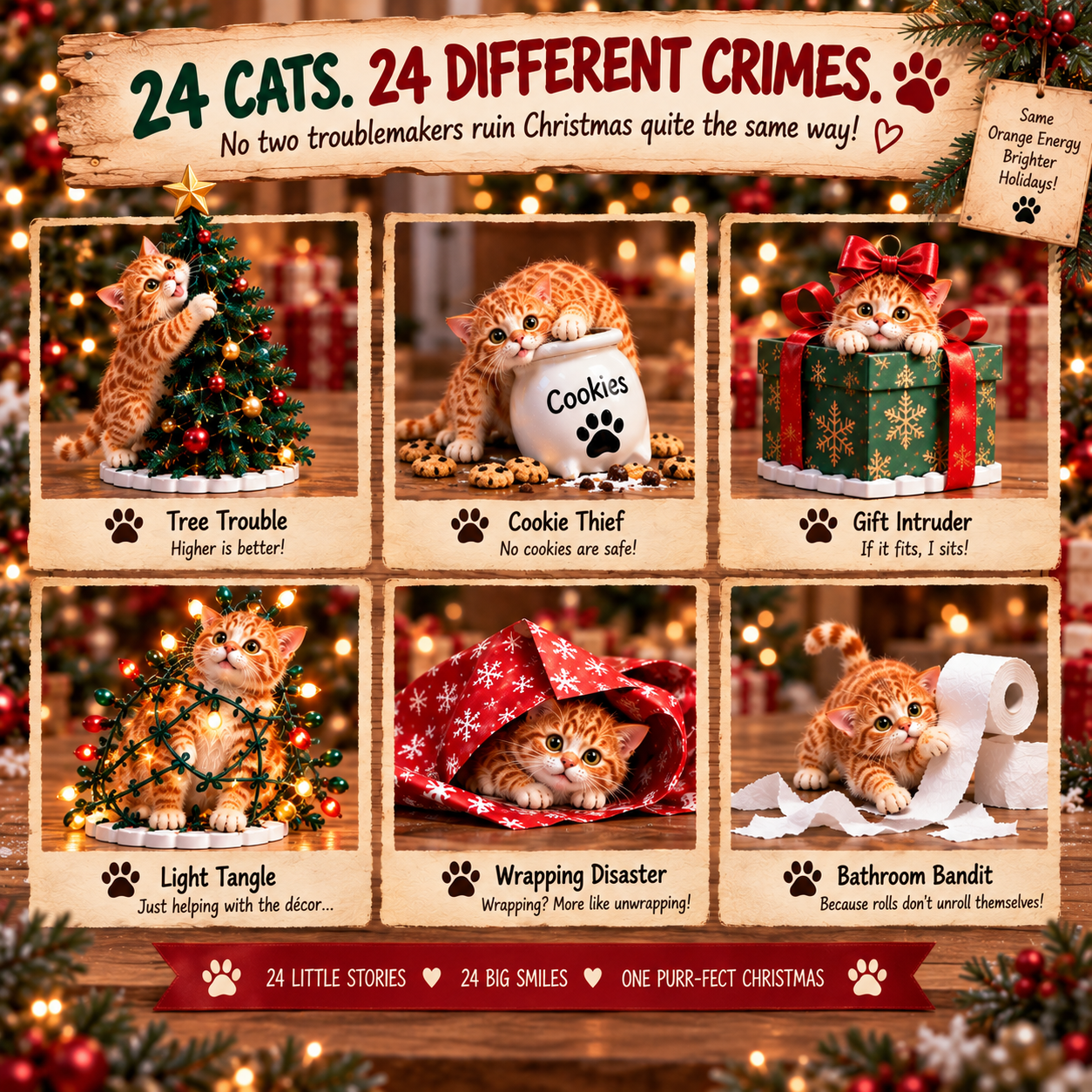24 different orange cat Christmas mischief scenes