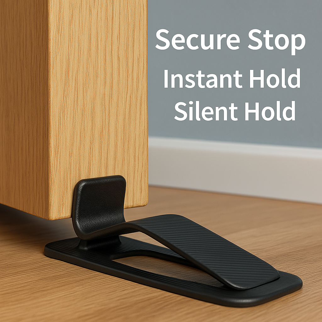 Black door stopper securely holding a wooden door