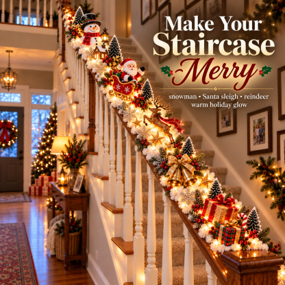 🎅 Santa’s Sleigh Snowy Stair Railing Decor | Pre-Lit Christmas Banister Garland - image 14