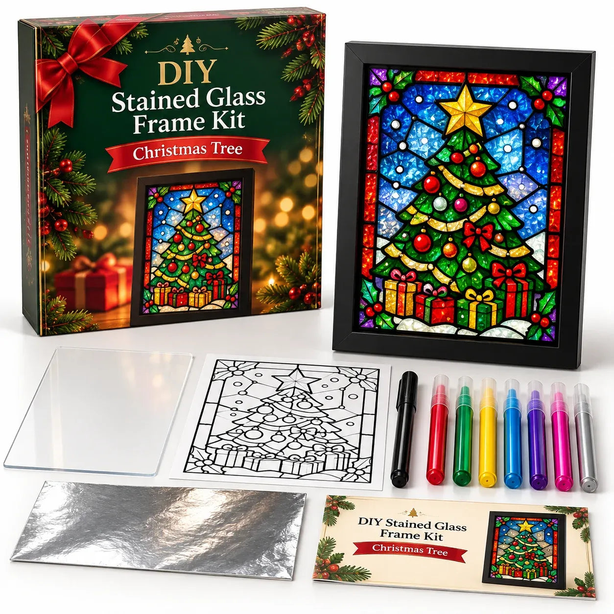 🎄Beginner-Friendly Christmas Stained Glass-Style Frame Kit | 8 Festive Designs with Pens, Foil & Frame ✨ - image 15