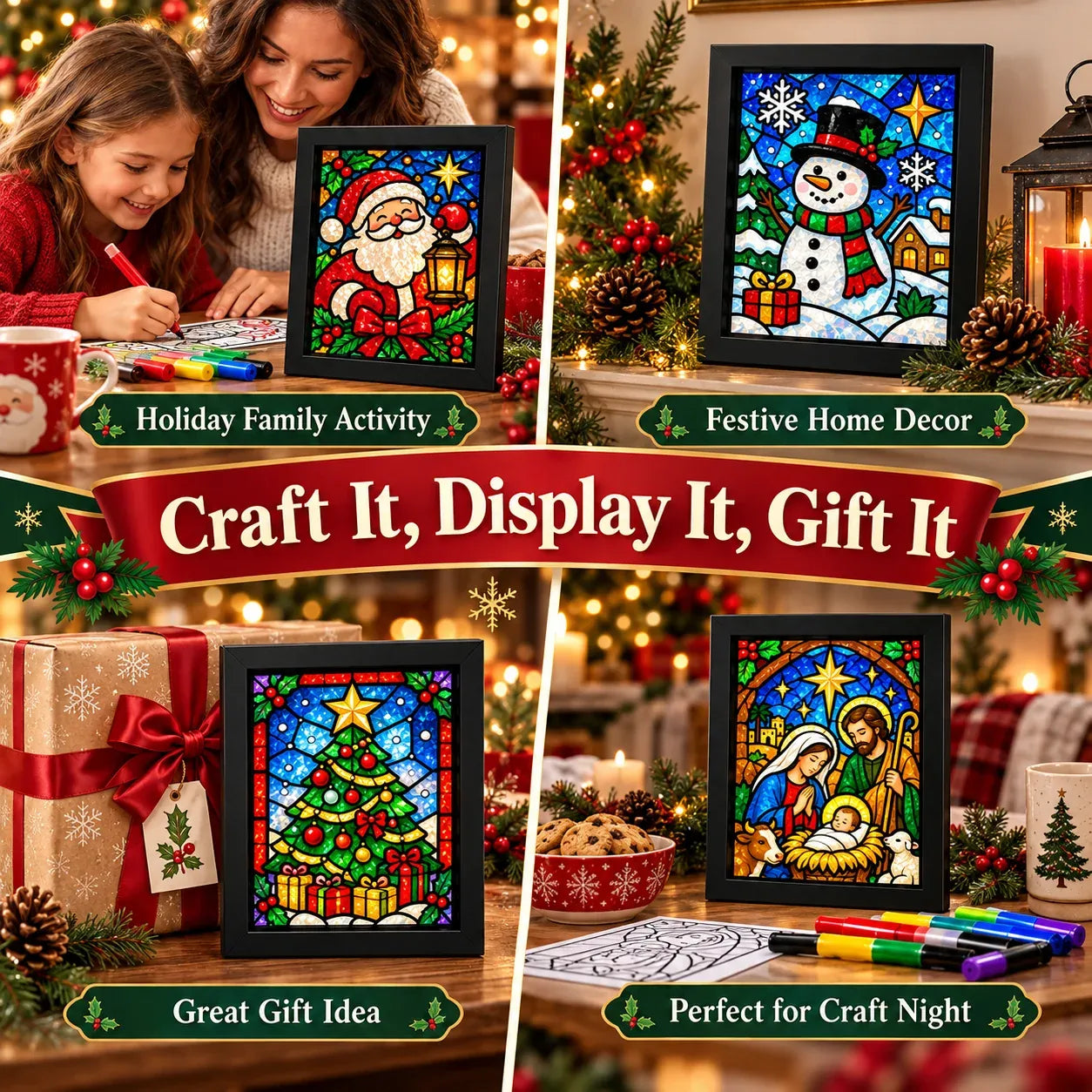🎄Beginner-Friendly Christmas Stained Glass-Style Frame Kit | 8 Festive Designs with Pens, Foil & Frame ✨ - image 11