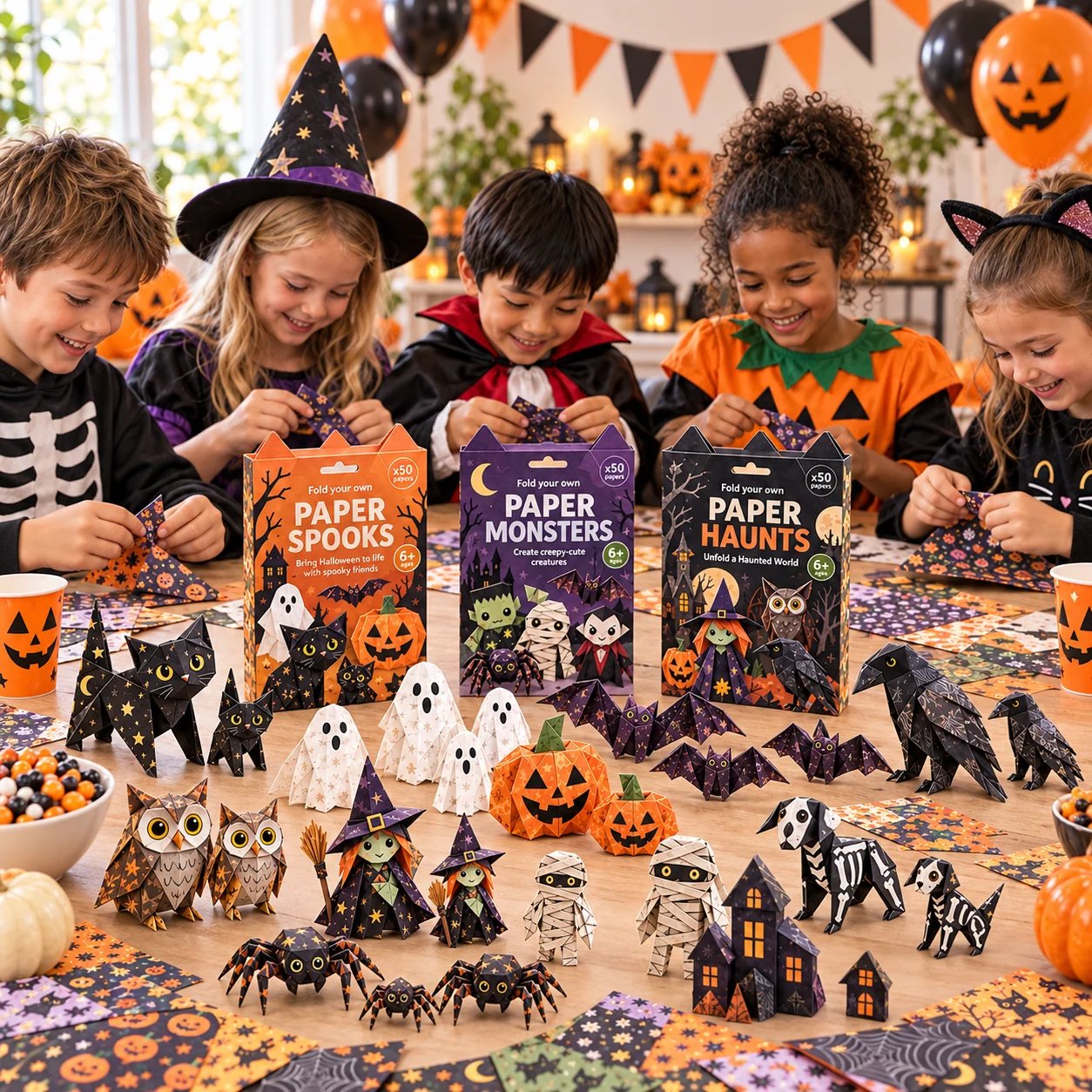 Kids enjoying Halloween paper craft activity