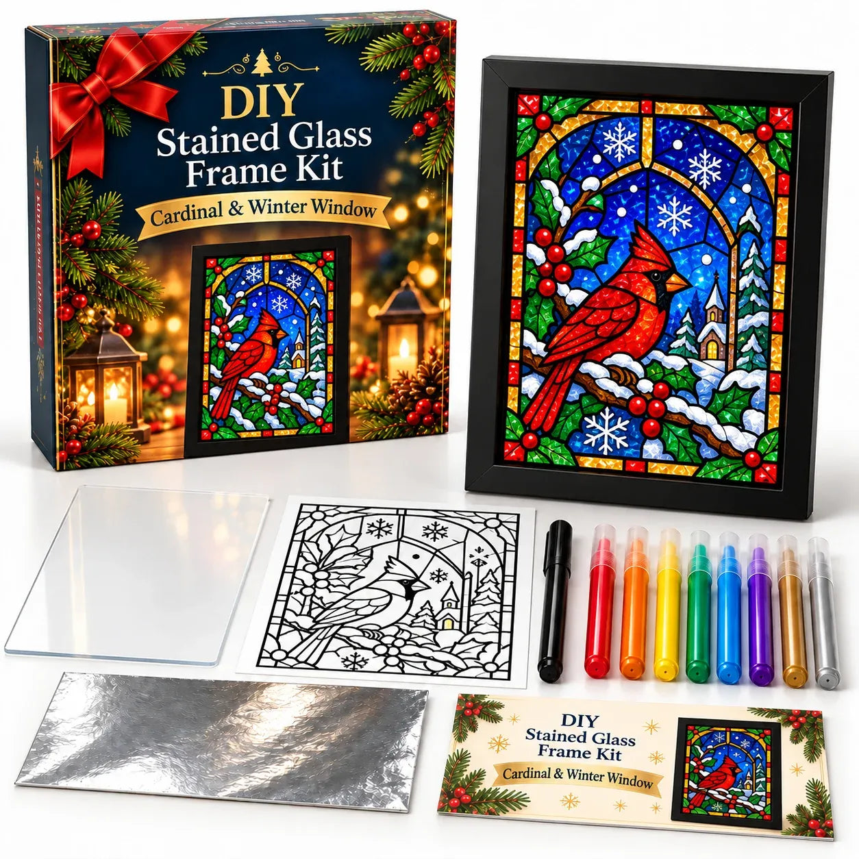 🎄Beginner-Friendly Christmas Stained Glass-Style Frame Kit | 8 Festive Designs with Pens, Foil & Frame ✨ - image 14