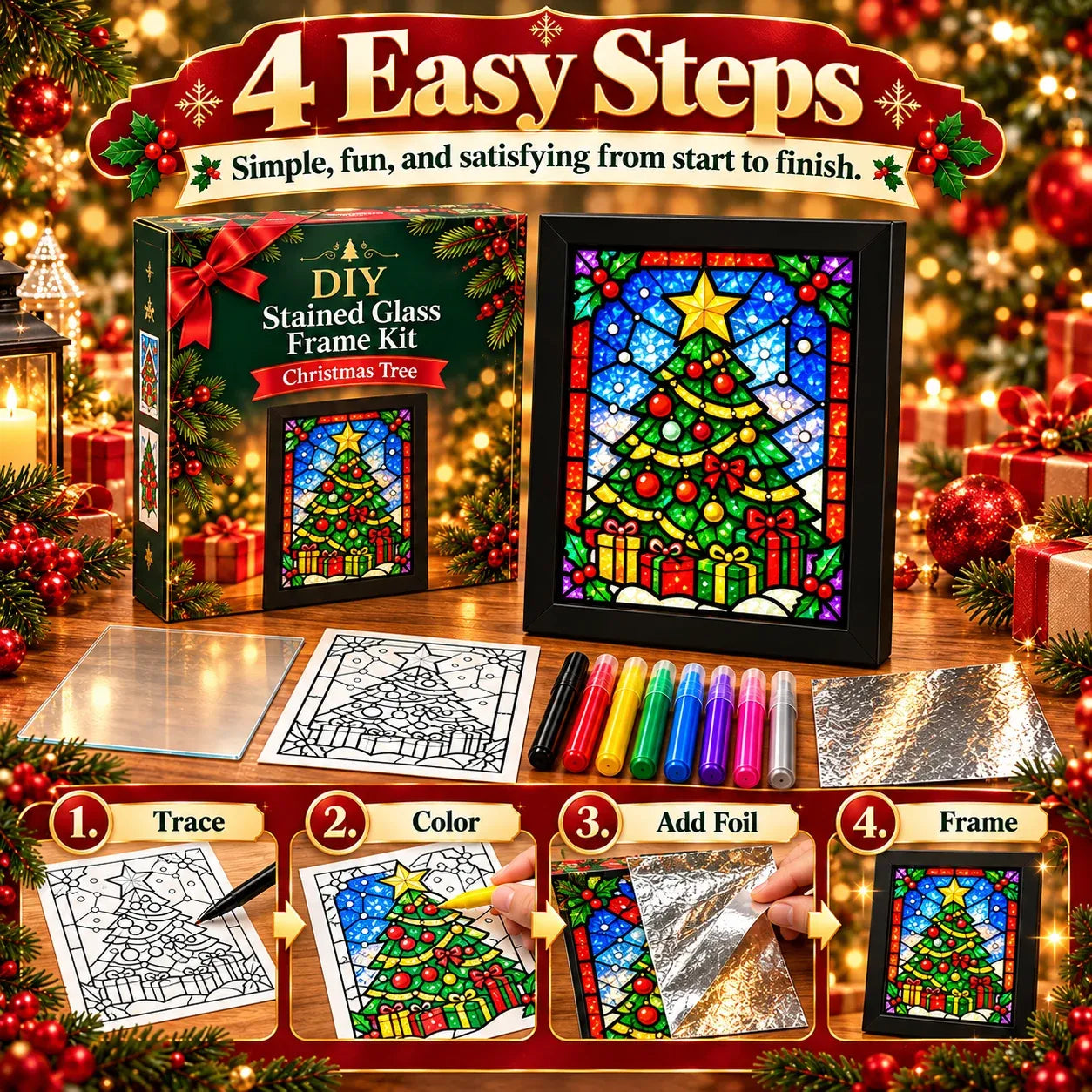 🎄Beginner-Friendly Christmas Stained Glass-Style Frame Kit | 8 Festive Designs with Pens, Foil & Frame ✨ - image 8