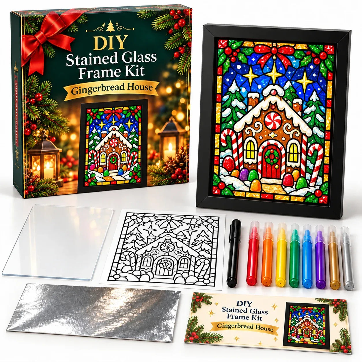 🎄Beginner-Friendly Christmas Stained Glass-Style Frame Kit | 8 Festive Designs with Pens, Foil & Frame ✨ - image 13