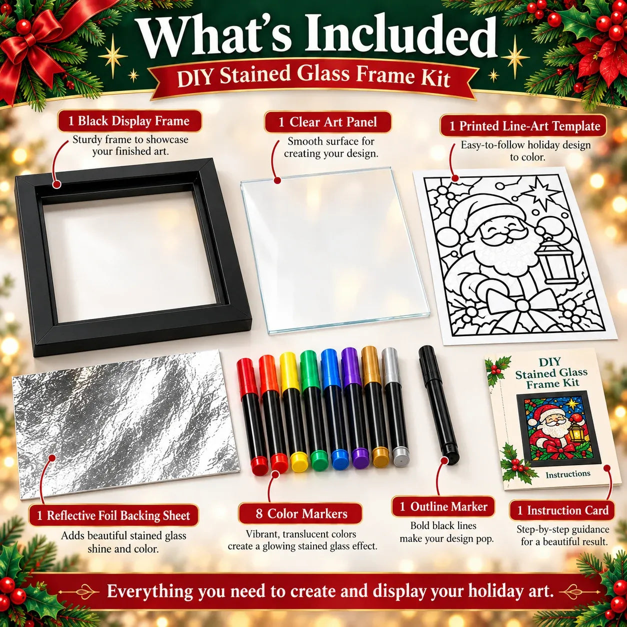 🎄Beginner-Friendly Christmas Stained Glass-Style Frame Kit | 8 Festive Designs with Pens, Foil & Frame ✨ - image 5