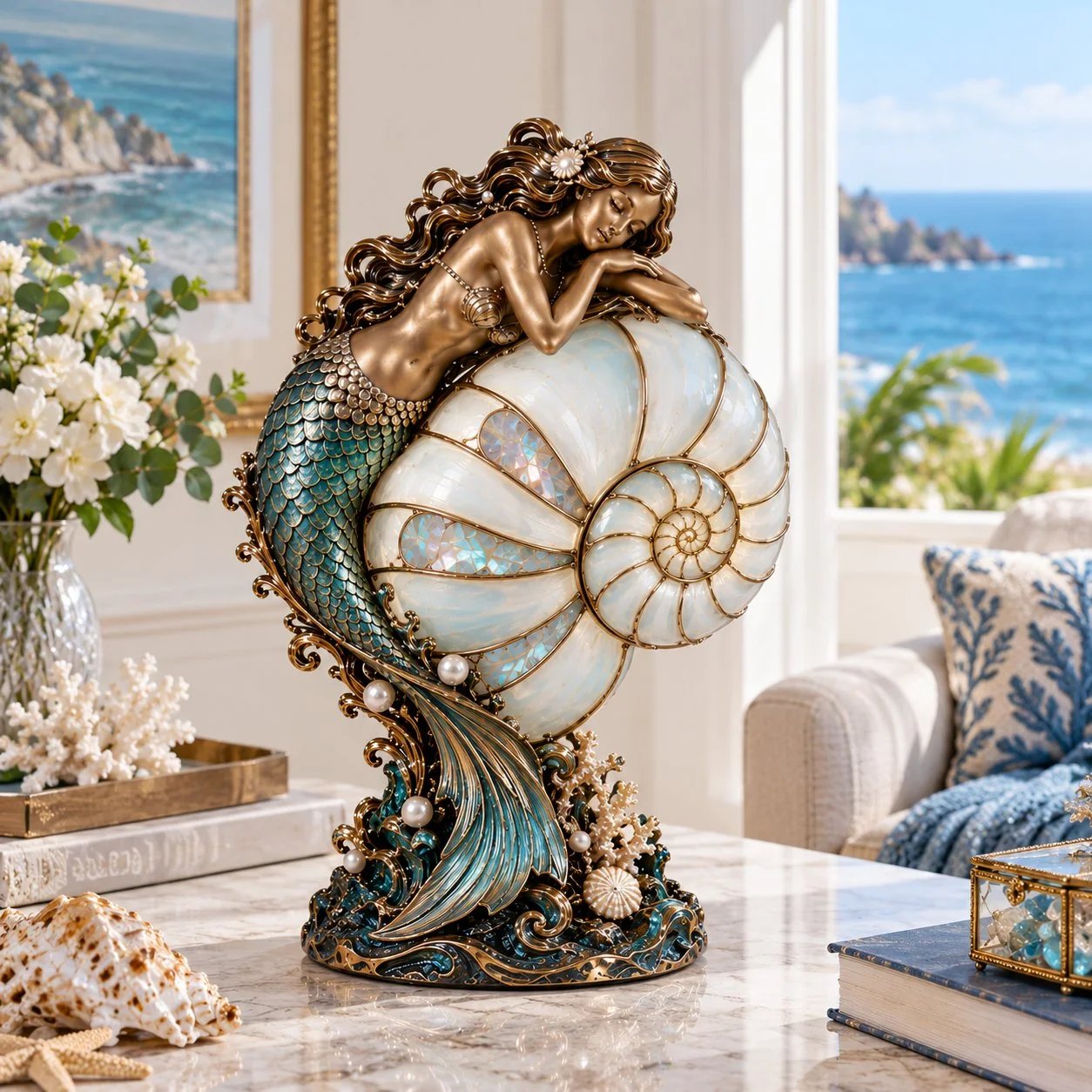 Mermaid’s Dream nautilus lamp shown as a daytime decorative accent