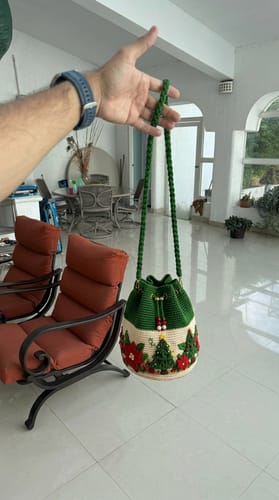 Customer wearing crochet purse