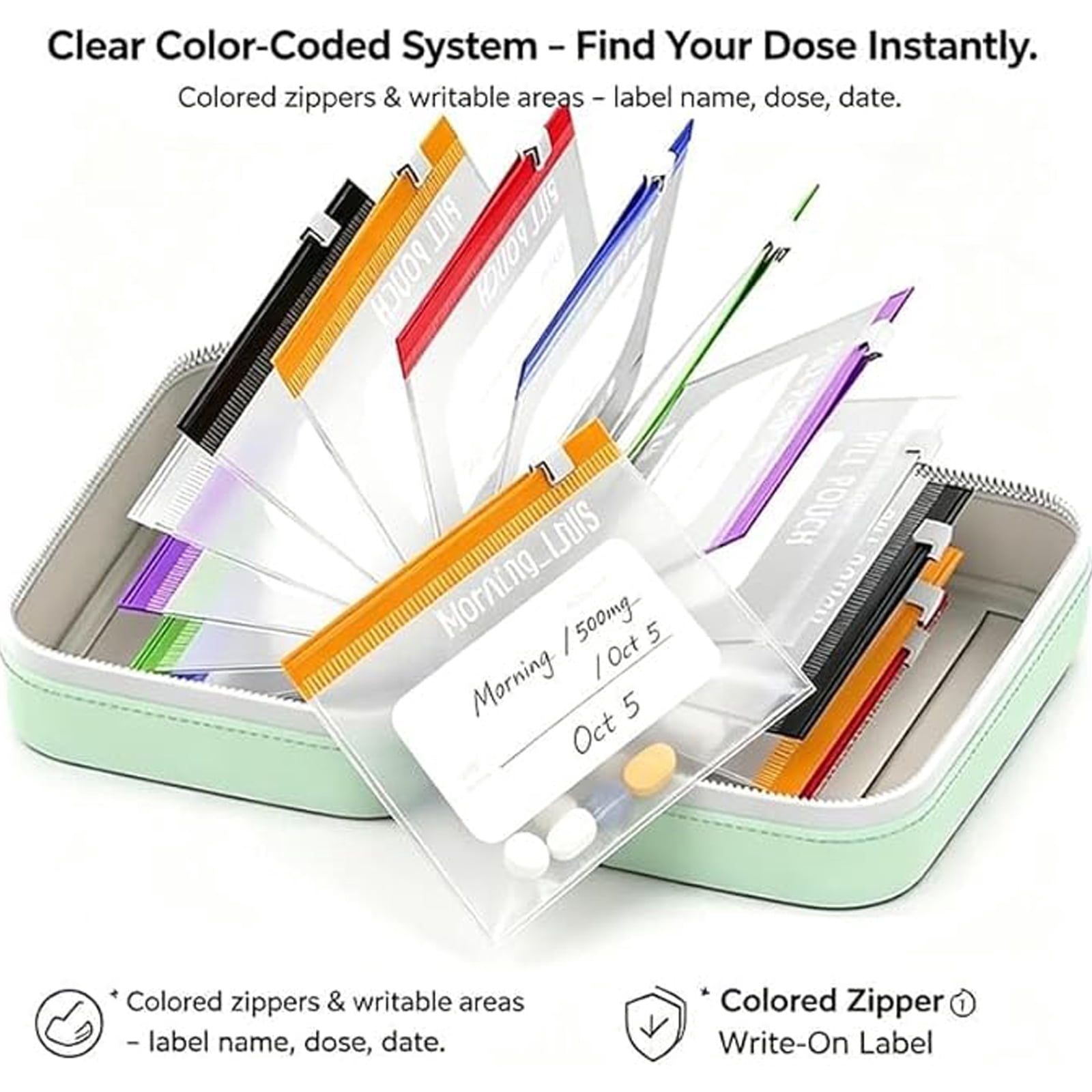Color coded pill pouches with writable labels