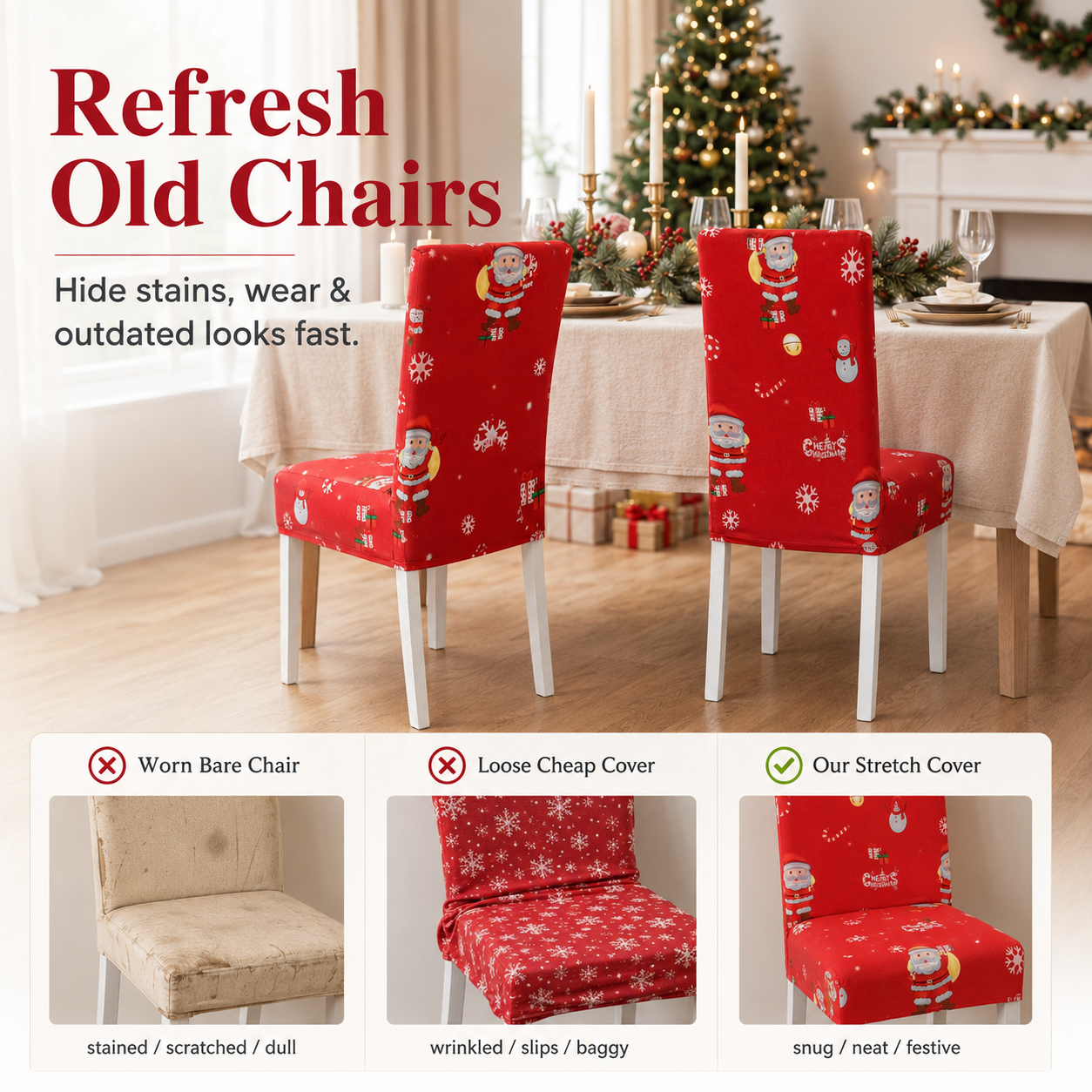 Refresh old dining chairs with Christmas chair covers