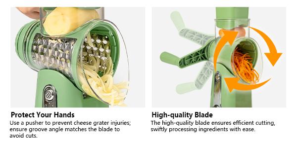 Food pusher keeps hands farther from rotary grater blade