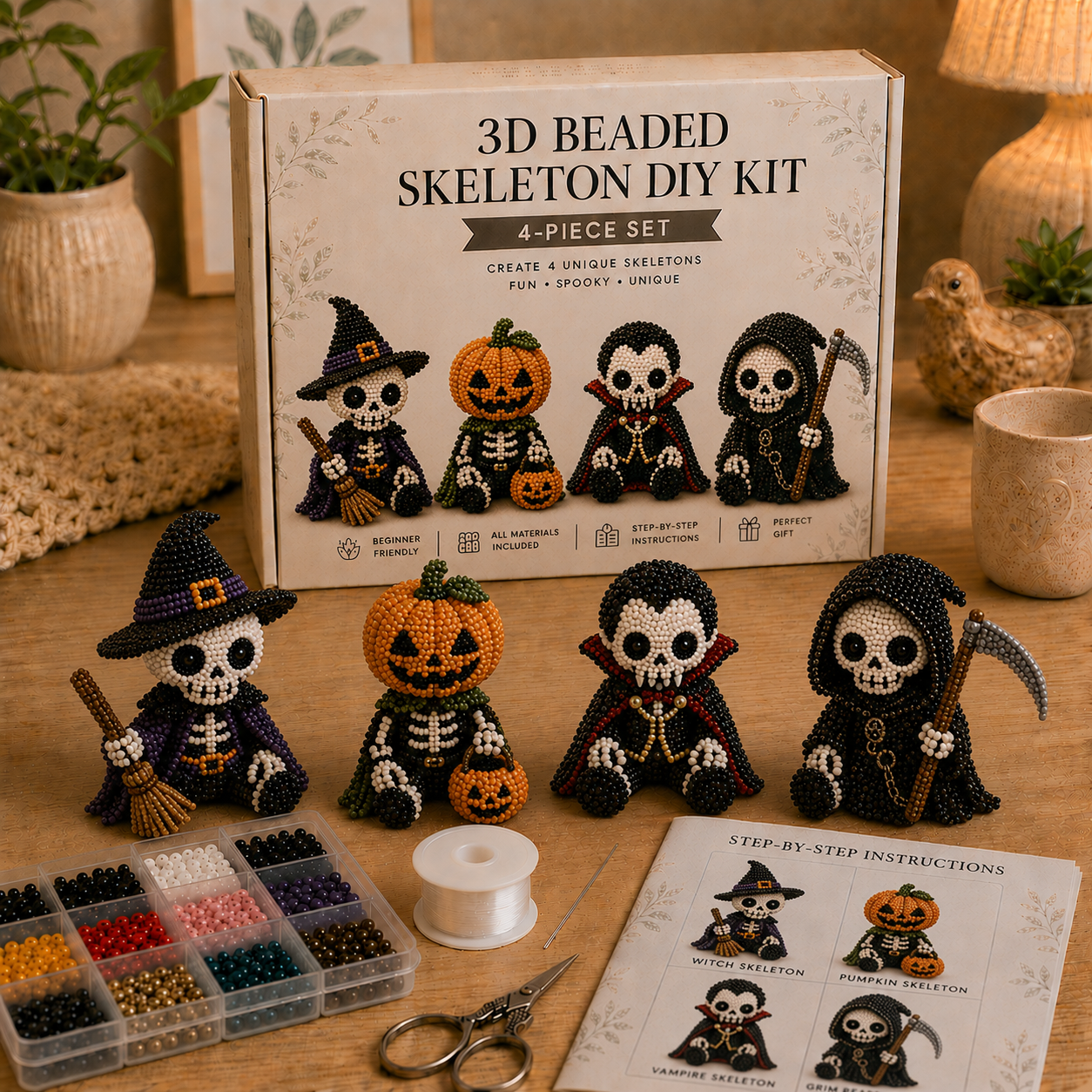 3D Beaded Skeleton DIY Kit 💀✨ – Spooky‑Cute Halloween Bead Craft Set for Adorable Gothic Ornaments