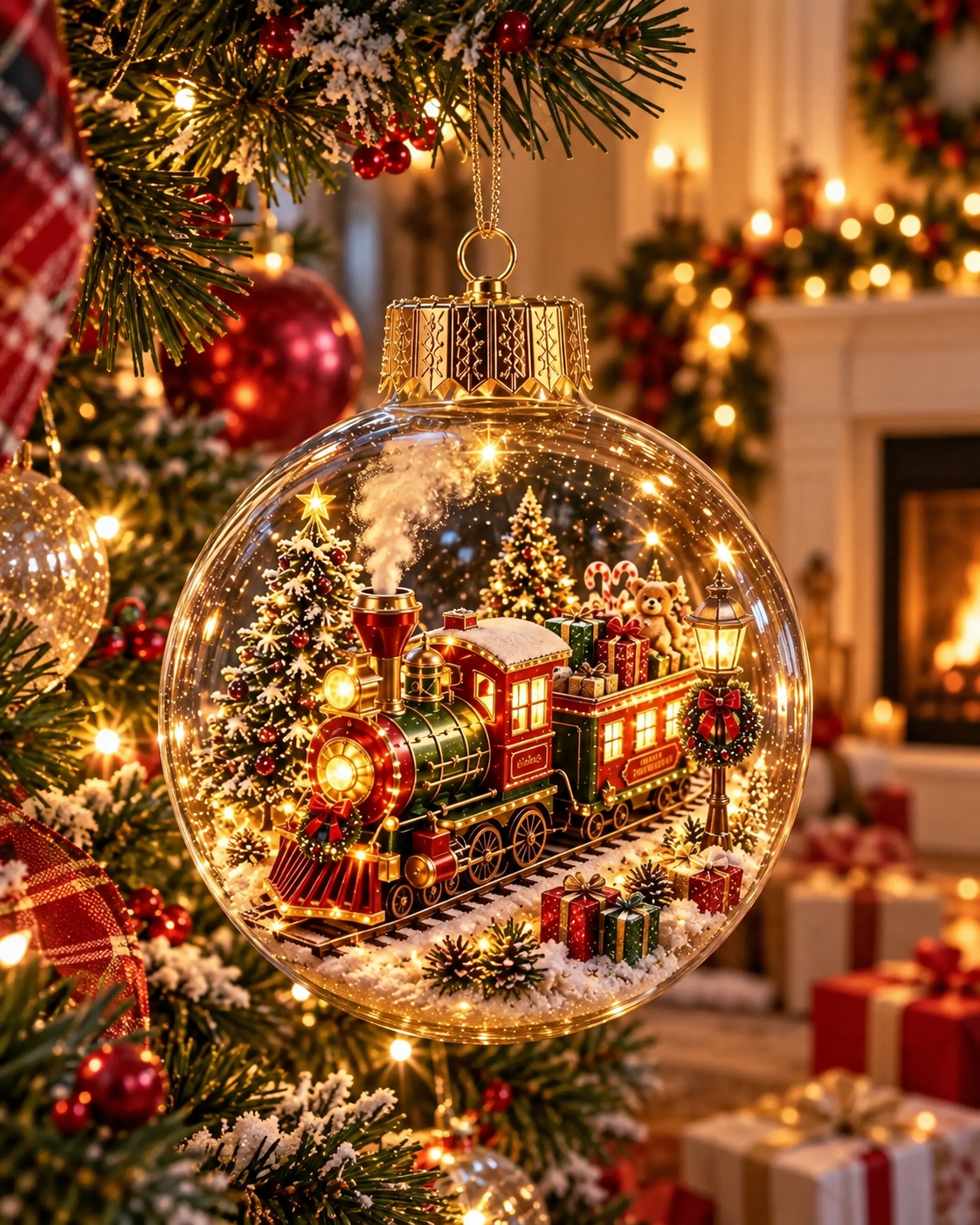 Glowing Christmas Diorama Ornament Hanging On Christmas Tree