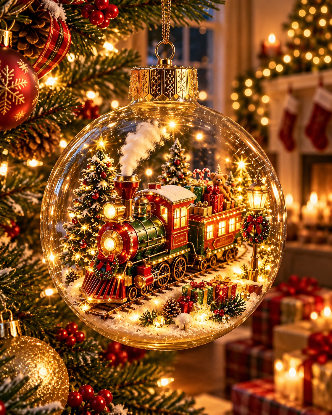 Glowing Christmas Diorama Ornament At Night