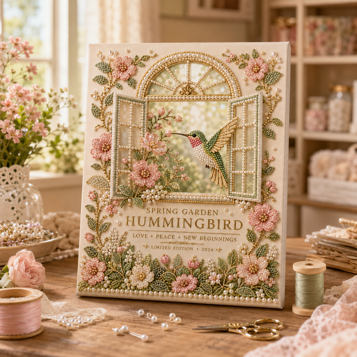 Spring Garden Hummingbird DIY Pearl Painting Kit 🌸🕊️ – Relaxing Beaded Canvas for Bright, Nature‑Inspired Wall Art