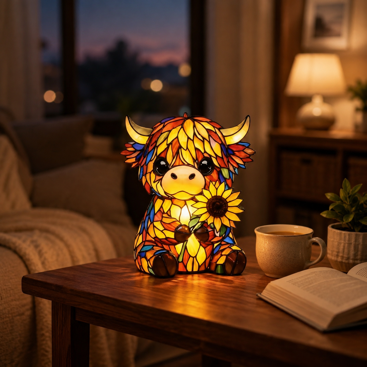 Highland Cow LED Night Light - Cute Resin Animal Figurine Table Lamp (USB)