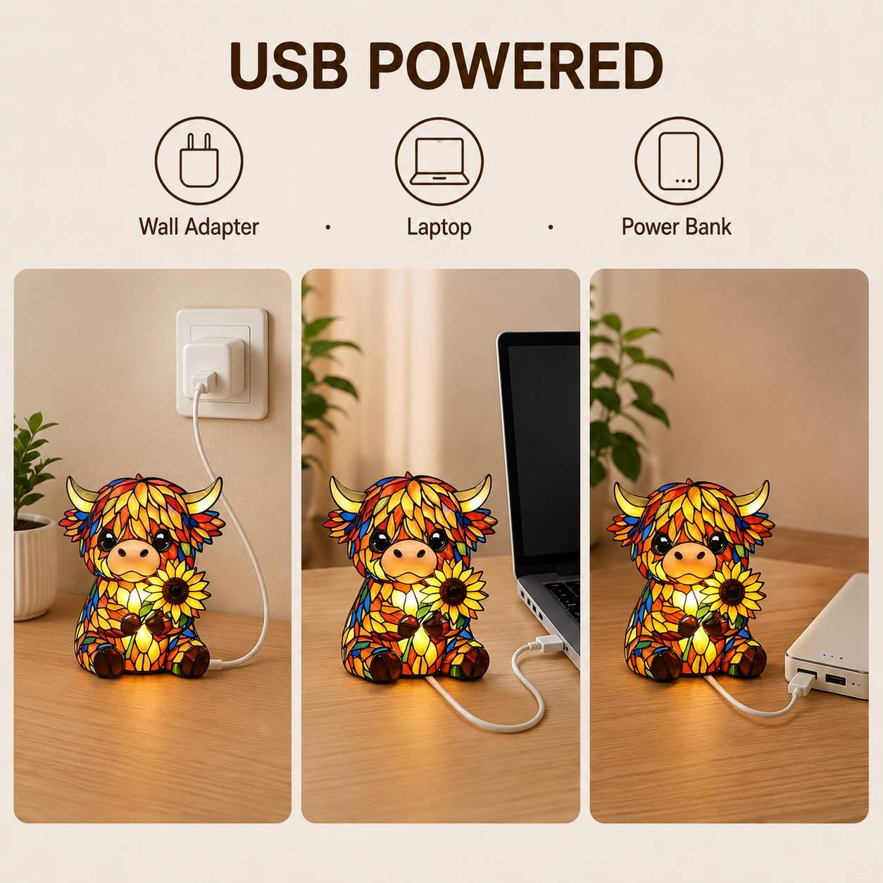 Highland Cow LED Night Light - Cute Resin Animal Figurine Table Lamp (USB)