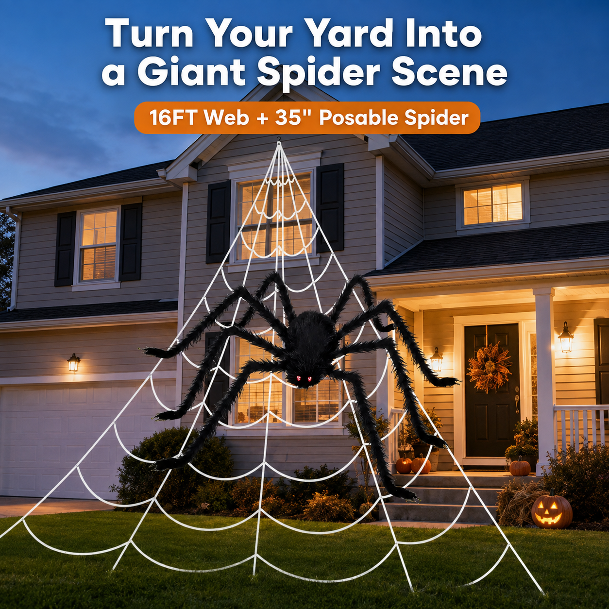🕷️16FT Giant Halloween Spider Web with 35" Posable Spider – Outdoor Yard & Indoor Halloween Decoration Set