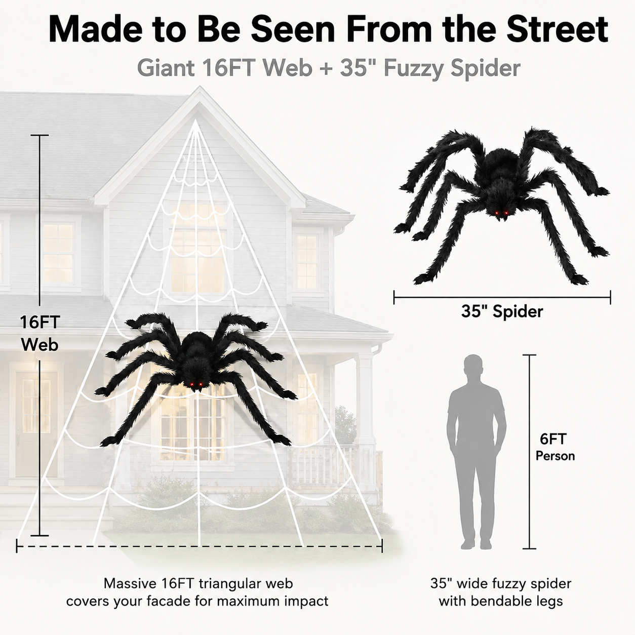 🕷️16FT Giant Halloween Spider Web with 35" Posable Spider – Outdoor Yard & Indoor Halloween Decoration Set