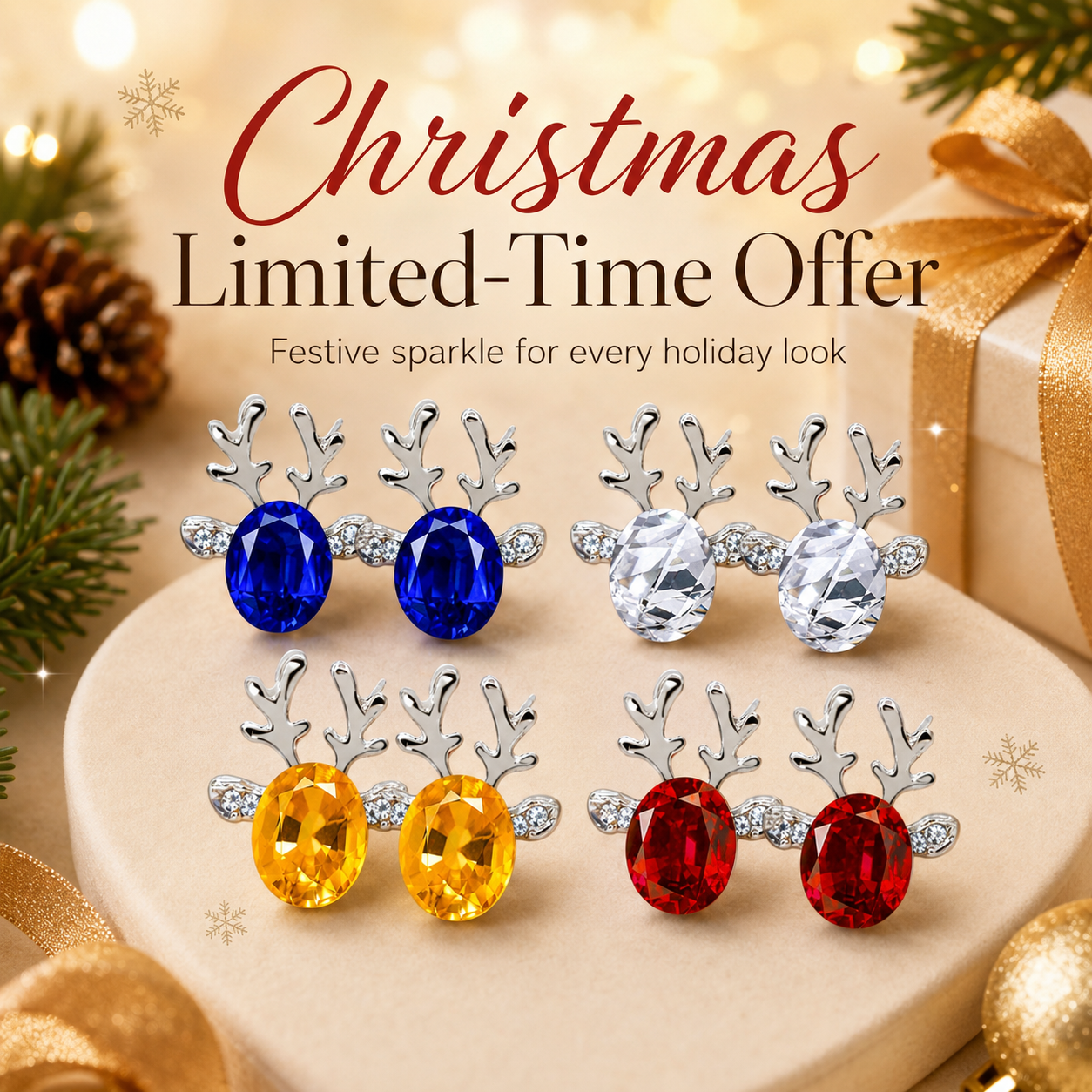 🎄 Christmas Crystal Antler Earrings – Limited Holiday Offer