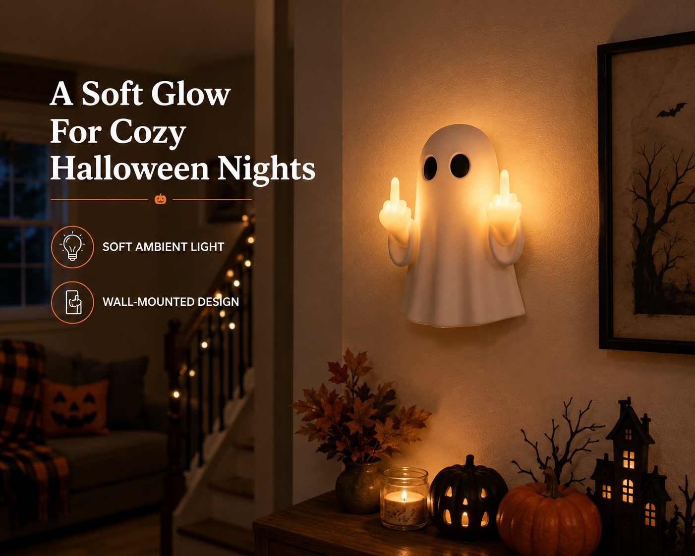 Wall-mounted ghost night light glowing at night