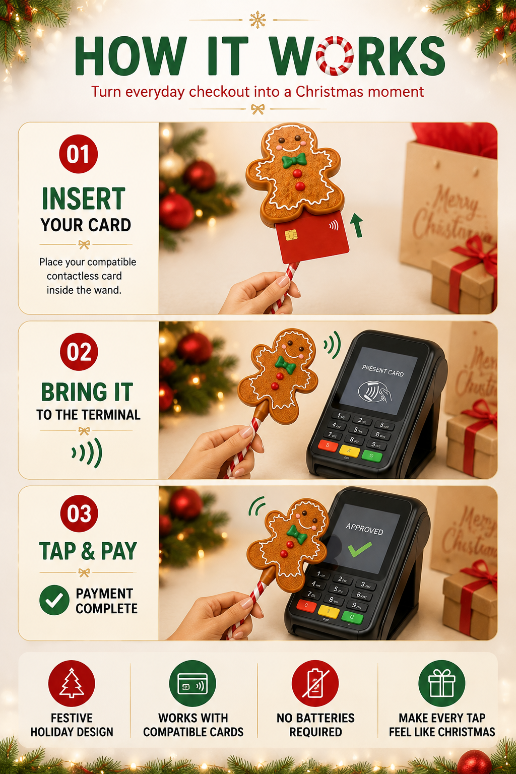 Insert a compatible contactless card into the Christmas Tap Wand