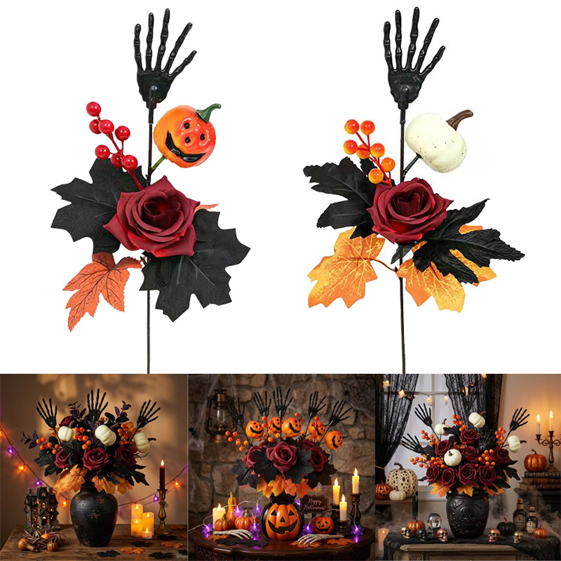 Simulated Flower Skull Hand Single Halloween Home Decoration Ghost Face Pumpkin Simulated Rose Black Maple Leaf Cutting