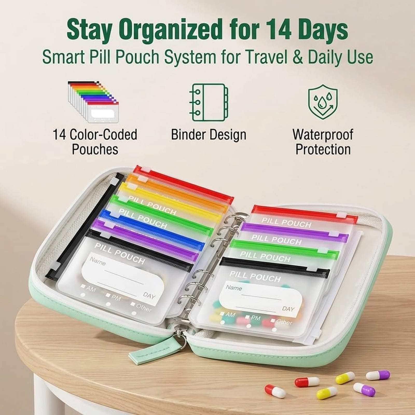14 color coded medicine pouches inside binder organizer