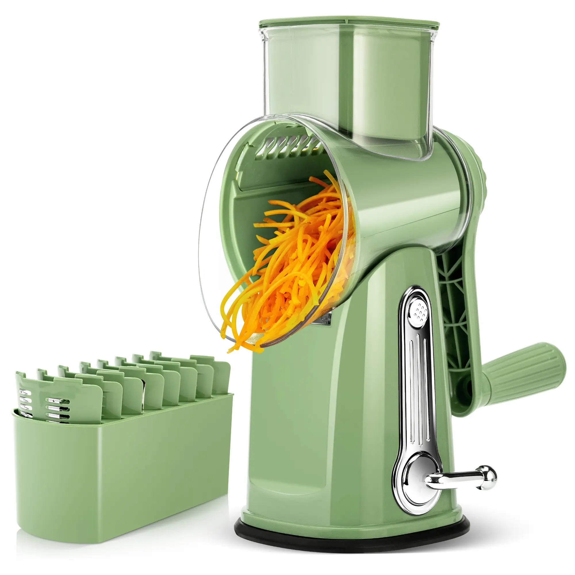 Green rotary cheese grater with five interchangeable blades and holder