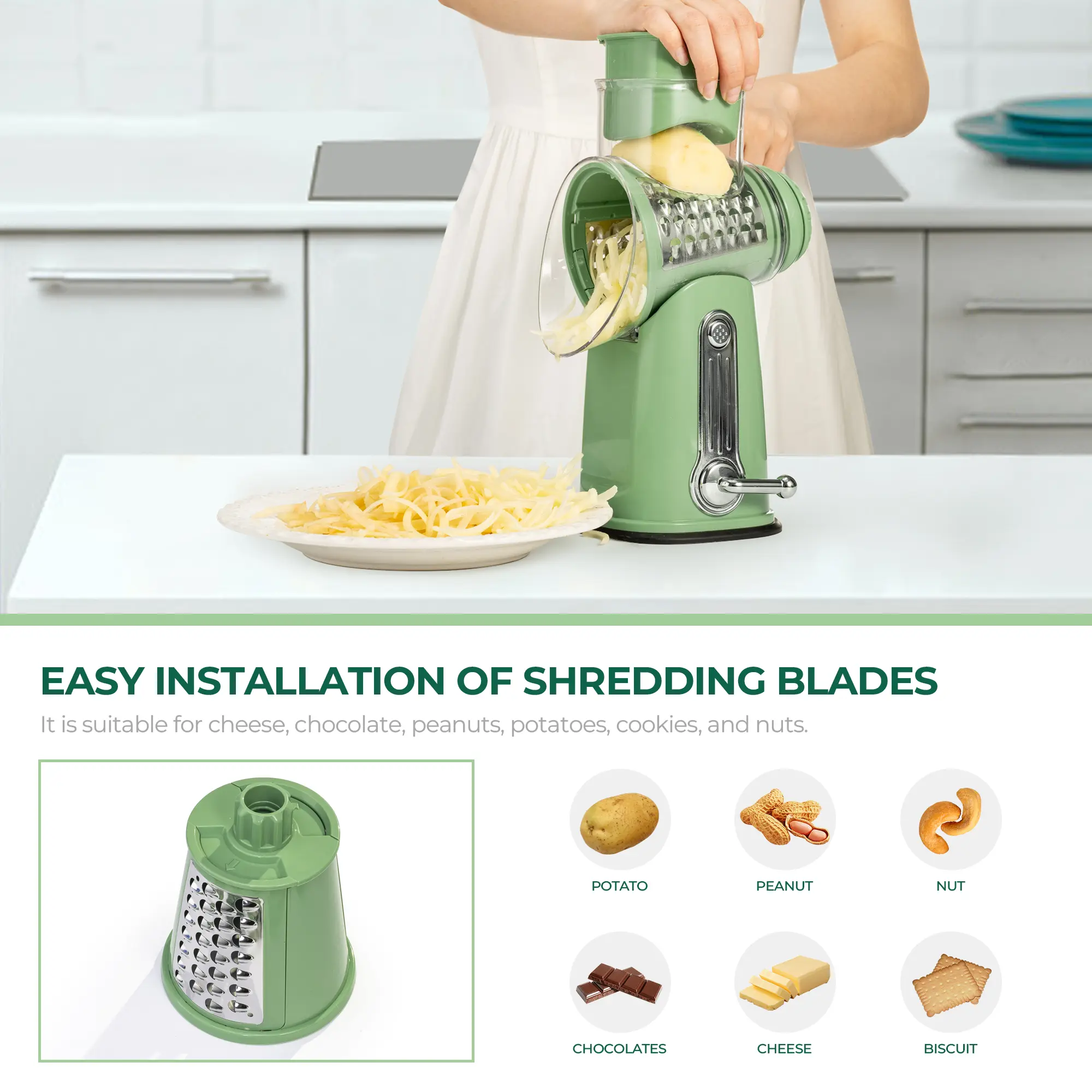 Rotary cheese grater shredding potatoes on kitchen counter