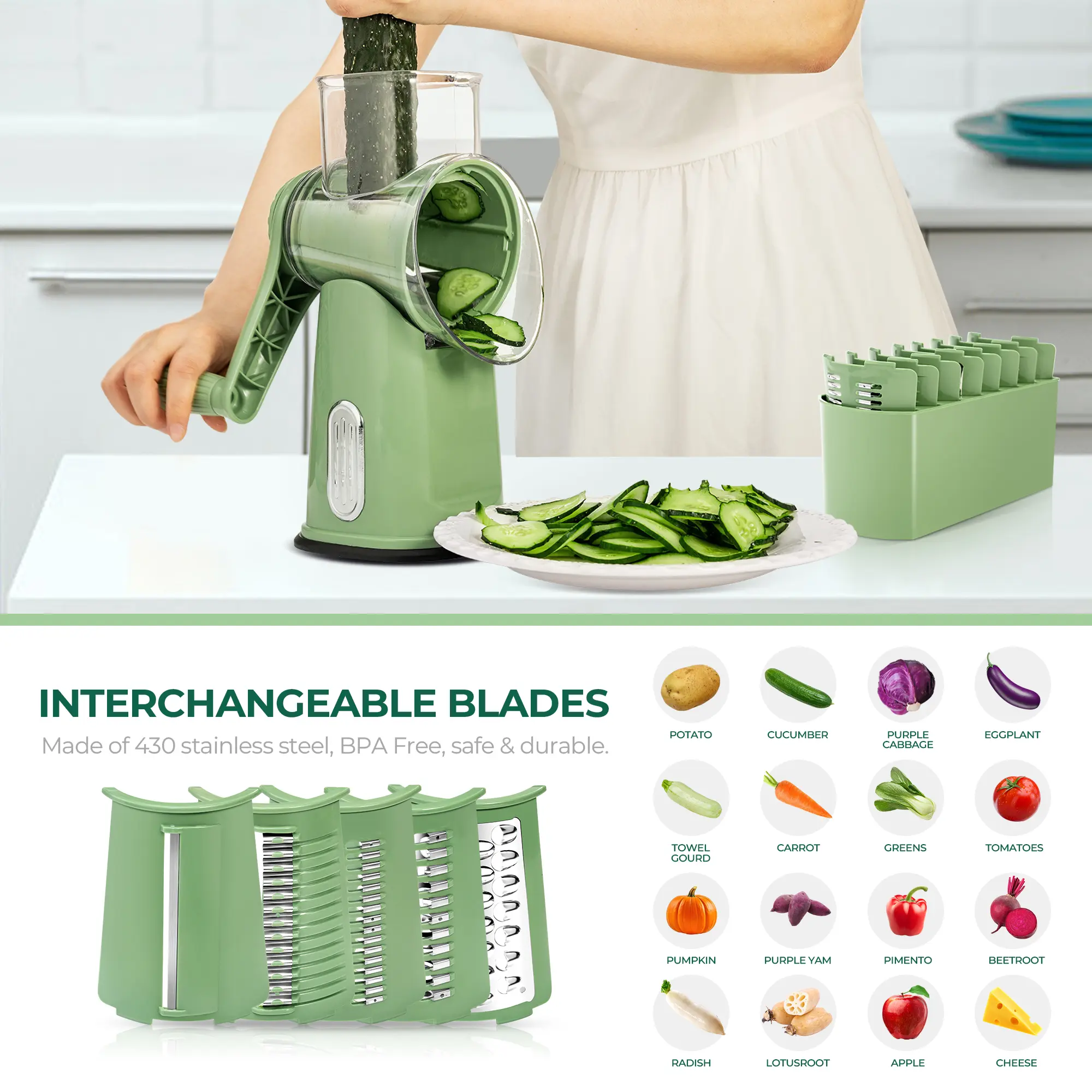 Rotary Cheese Grater with 5 Blades & Suction Base