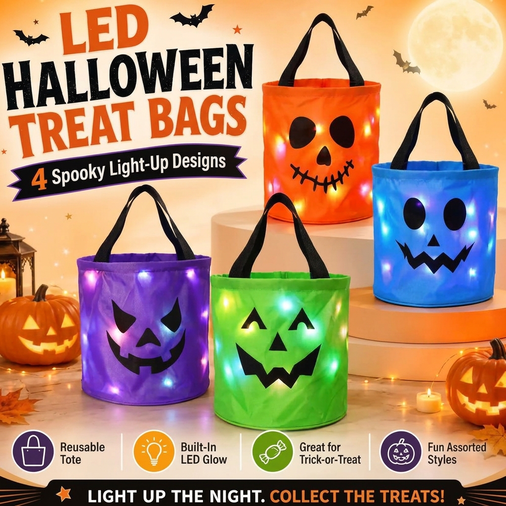 LED Halloween Candy Bucket – Reusable Light-Up Trick or Treat Bag for Kids, Halloween Party Decorations & Outdoor Fun