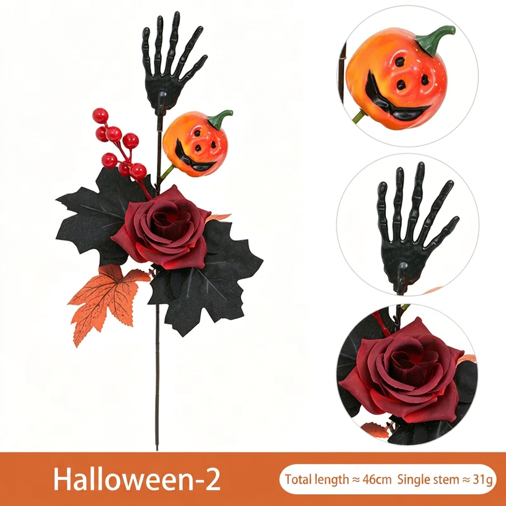 Simulated Flower Skull Hand Single Halloween Home Decoration Ghost Face Pumpkin Simulated Rose Black Maple Leaf Cutting