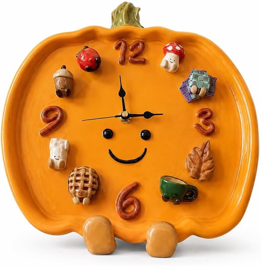 Cozy Harvest Pumpkin Clock, Vintage Retro Wall Clock, Easy Hang, Shelf or Wall, Boho Rustic, Farmhouse, Thanksgiving Decor, Lovely Gift for Mom Dad, Kitchen Office Bedroom(Water Cup)