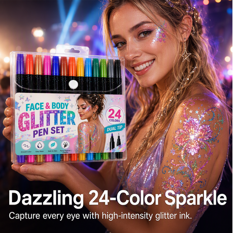 🌸24-Color Face & Body Glitter Marker Set – Dual Tip Sparkle Makeup Pens for Festival, Party, Halloween & Creative Body Art