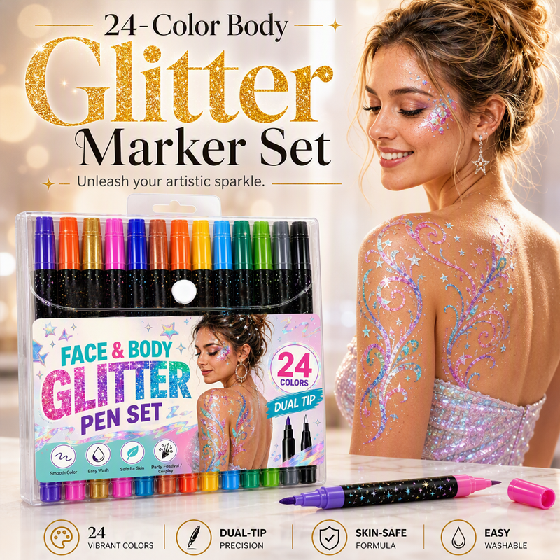 🌸24-Color Face & Body Glitter Marker Set – Dual Tip Sparkle Makeup Pens for Festival, Party, Halloween & Creative Body Art