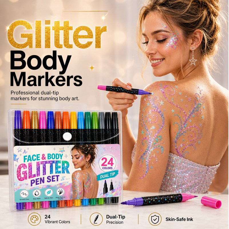 🌸24-Color Face & Body Glitter Marker Set – Dual Tip Sparkle Makeup Pens for Festival, Party, Halloween & Creative Body Art