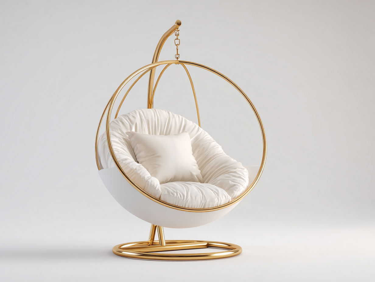 Sillón colgante con soporte metálico y cojín 105x95x195 cm - dorado-blanco - diseño moderno elegante-Veramiloft