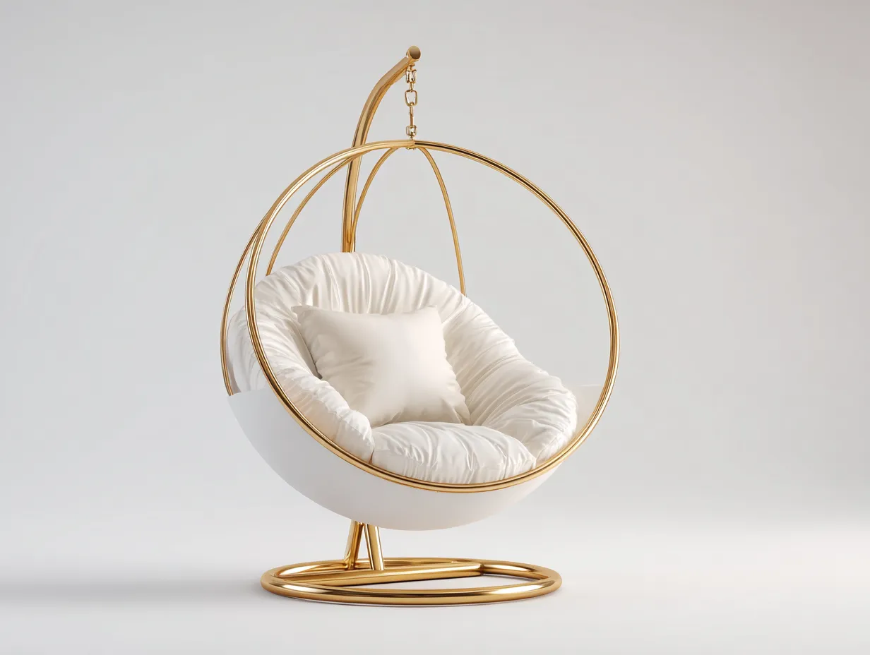 Sillón colgante con soporte metálico y cojín 105x95x195 cm - dorado-blanco - diseño moderno elegante-Veramiloft