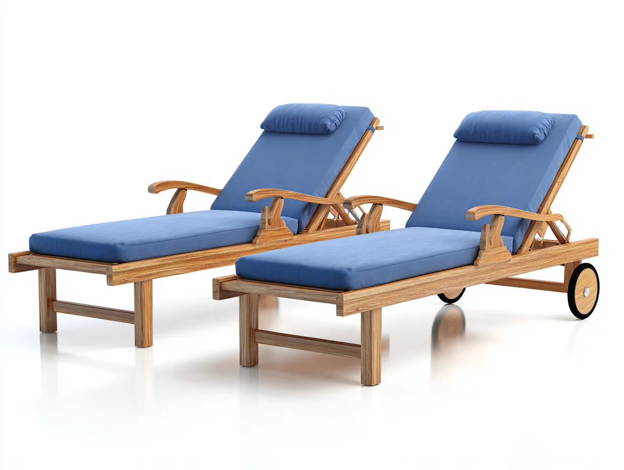 Tumbonas de madera maciza con cojines azules para exterior - 200x65x88 cm - respaldo ajustable con ruedas-Veramiloft