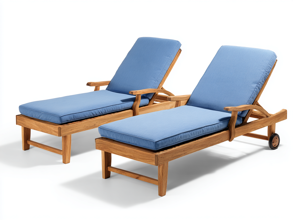 Tumbonas de madera maciza con cojines azules para exterior - 200x65x88 cm - respaldo ajustable con ruedas-Veramiloft
